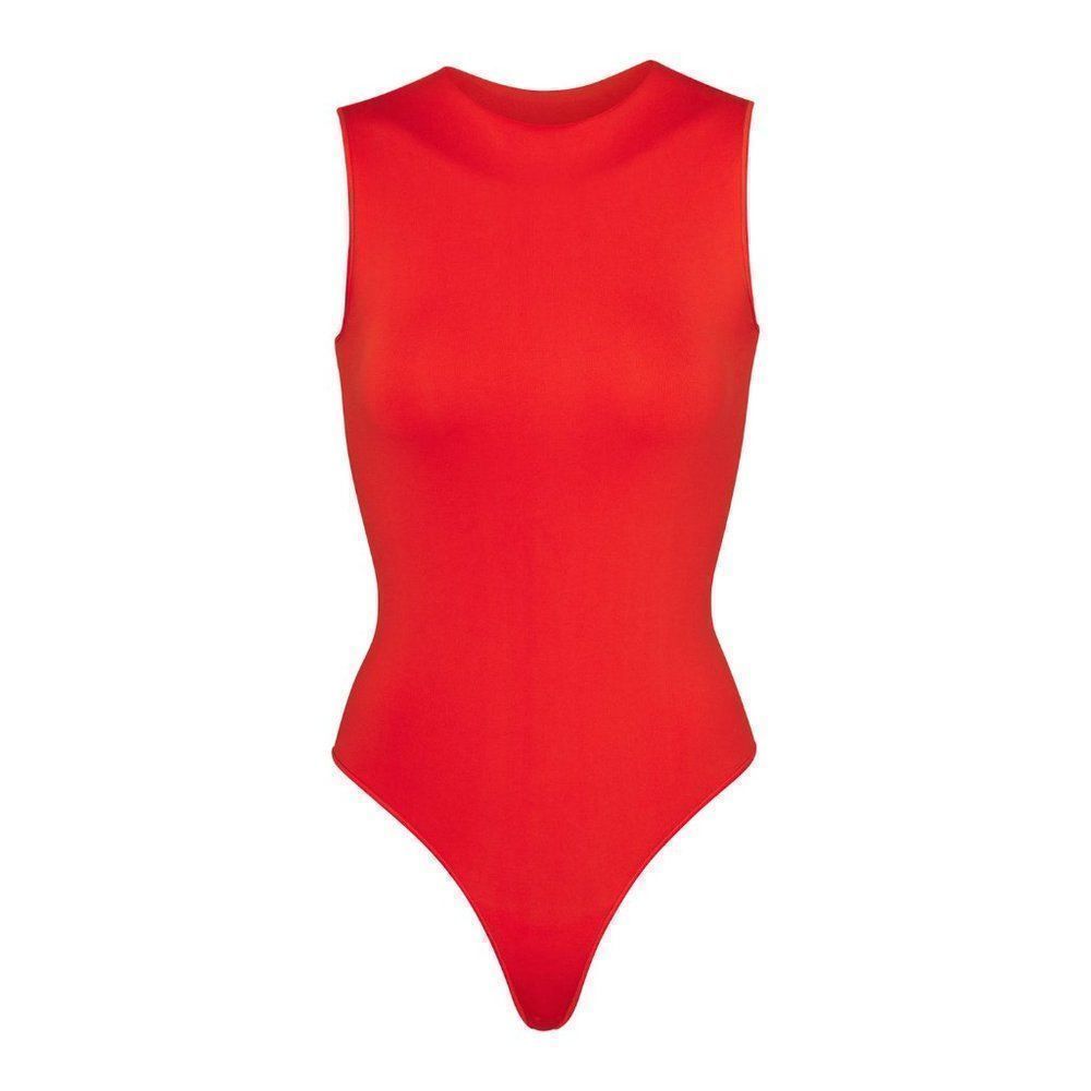 NWT SKIMS JELLY SHEER CREW SLEEVELESS CREW NECK BODY SUIT WITH SNAPS COLOR POPPY